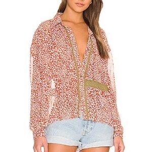 One Teaspoon Red White Floral Blouse Green Trim